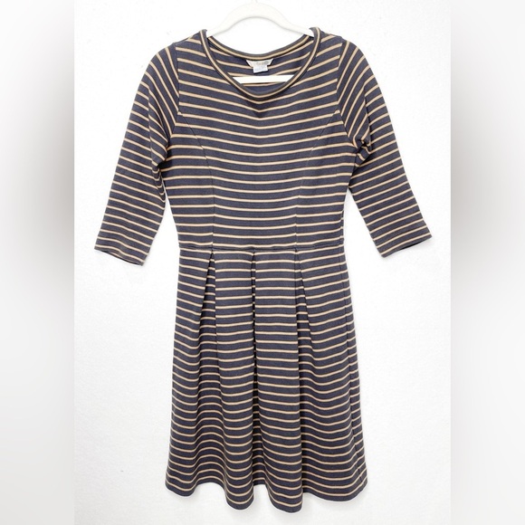 Boden Navy Blue Mustard Fit and Flare Striped Dress Size 6 Cotton Blend Pleated - Picture 2 of 6